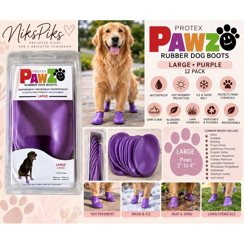 PawZ Rubber Dog Boots Large Purple 12 Pack Waterproof Reusable Paw Protectors